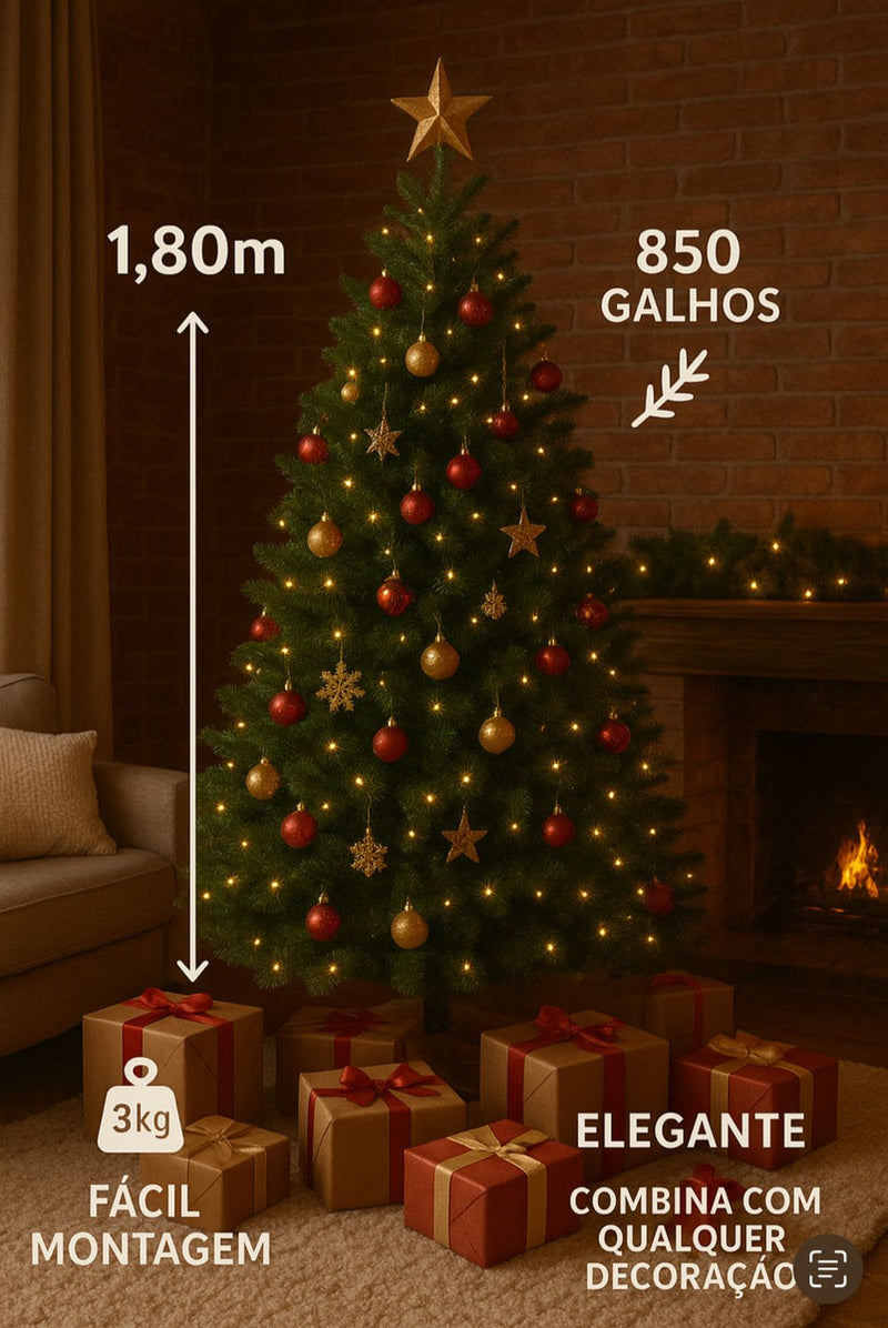 Árvore de Natal Tradicional Pinheiro Verde 1,80m 850 Galhos Cheios Marca Adoro Festa