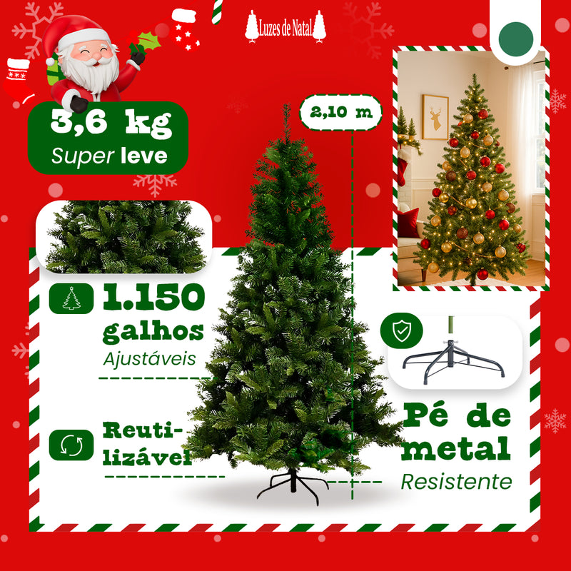 Árvore De Natal 2,10m 210cm Verde 1150 Galhos Pinheiro Canadense Cheios Grande Pé De Ferro Premium Nfe Luzes De Natal