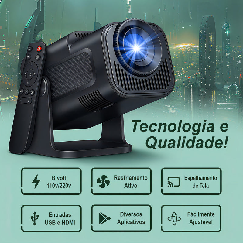 Projetor Hy320 Davely Smart TV Android WiFi6 390 ANSI Lumens Full HD 4K Mini Projetor Portátil Preto com Controle Remoto